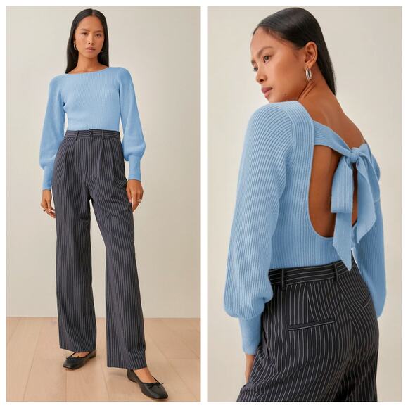 Reformation Cashmere Sweater XS Light Blue Ribbed Knit Crew Neck Soft Pullover - Picture 1 of 5